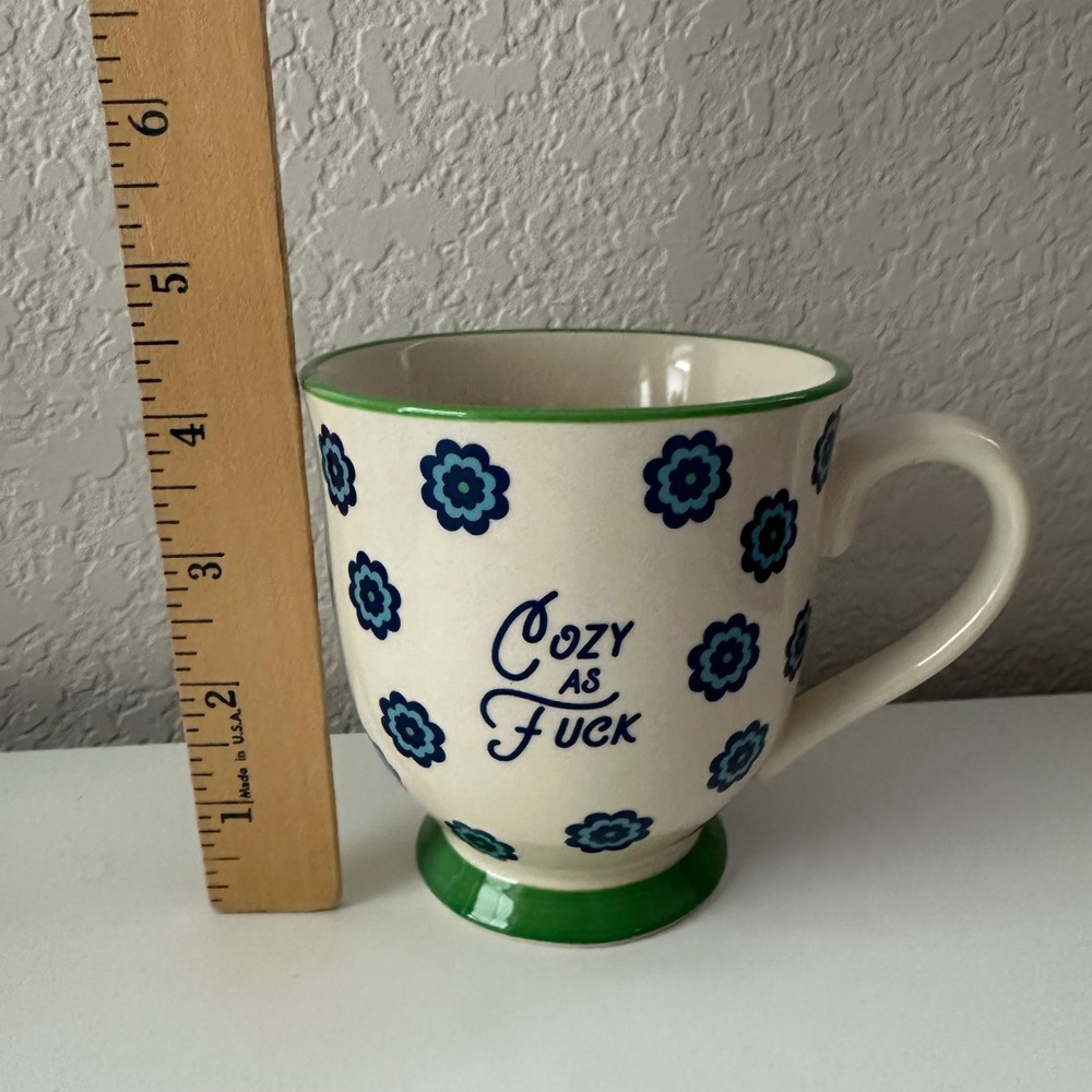 Patina Funny Mug Cream Blue Green Floral Cozy As F*ck Tea Bag Pocket Mug New - Picture 6 of 6